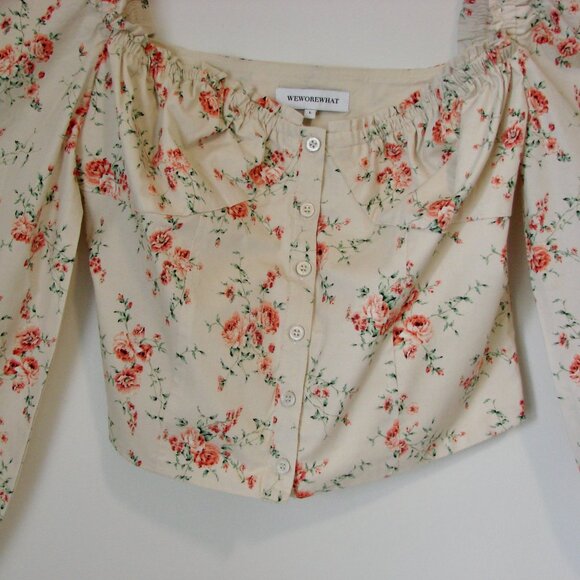 WeWoreWhat Ruched Dainty Floral Top Bustier Pouf Sleeves Cream Pink NEW Large - Picture 6 of 15